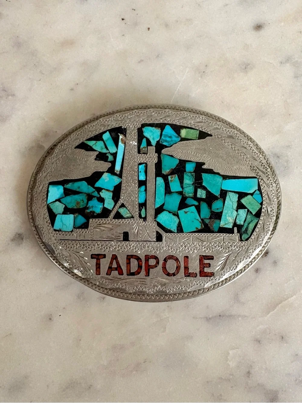 Vintage Silver Overlay Belt Buckle with Turquoise Inlay VTG Western Southwestern